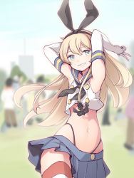 Rule 34 | 1girl, aqua eyes, armpits, blonde hair, blurry, blurry background, bow, commentary, cosplay, elbow gloves, gloves, grin, hair bow, hairband, highleg, highleg panties, highres, kantai collection, kinakomoti, long hair, miniskirt, navel, panties, sailor collar, shimakaze (kancolle), shimakaze (kancolle) (cosplay), skirt, sleeveless, smile, solo focus, striped clothes, striped thighhighs, thighhighs, underwear, white gloves