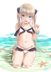 Rule 34 | 1girl, bare shoulders, bikini, blue nails, blush, collarbone, commentary request, foam, frilled bikini, frills, green eyes, hand up, inou shin, light brown hair, long hair, looking at viewer, nail polish, navel, open mouth, original, seiza, shallow water, signature, simple background, sitting, solo, starfish, swimsuit, twintails, very long hair, water, white background, white bikini