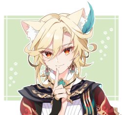 Rule 34 | 1boy, animal ears, blonde hair, blue feathers, border, cape, cat boy, cat ears, closed mouth, earrings, extra ears, feather hair ornament, feathers, genshin impact, green background, hair ornament, highres, jewelry, kaveh (genshin impact), long sleeves, male focus, pomepome1207, red cape, red eyes, shirt, smile, solo, white border, white shirt