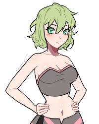 Rule 34 | 1girl, alternate hair length, alternate hairstyle, bare arms, bare shoulders, blush, breasts, byleth (female) (fire emblem), byleth (fire emblem), cleavage, collarbone, commentary, crop top, fire emblem, fire emblem: three houses, green eyes, green hair, grey shirt, hair between eyes, highres, looking at viewer, medium breasts, midriff, navel, nintendo, shirt, short hair, smkittykat, solo, stomach, strapless, strapless shirt, upper body