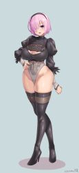 Rule 34 | 1girl, 2b (nier:automata), 2b (nier:automata) (cosplay), absurdres, black footwear, black hairband, boots, cleavage cutout, clothing cutout, cosplay, fate/grand order, fate (series), feather-trimmed sleeves, full body, guriguri (arayotto4351), hair over one eye, hairband, high heel boots, high heels, highleg, highleg leotard, highres, juliet sleeves, leotard, light purple hair, long sleeves, mash kyrielight, nier:automata, nier (series), no blindfold, puffy sleeves, purple eyes, short hair, solo, standing, thigh boots, white leotard