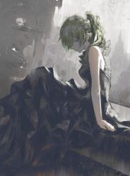 Rule 34 | 1girl, absurdres, arm support, bare shoulders, black dress, closed mouth, commentary, dress, from side, green hair, high ponytail, highres, lace, long hair, looking at viewer, purple eyes, shiej007, side ponytail, sidelocks, sitting, solo, sousou no frieren, ubel (sousou no frieren)