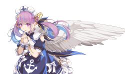 Rule 34 | 1girl, anchor symbol, blue bow, blue dress, blue hair, blue nails, blue ribbon, bow, breasts, choker, cleavage, clothing cutout, dress, feathered wings, frilled dress, frills, hair ribbon, hand up, highres, hololive, interlocked fingers, long hair, looking at viewer, maid headdress, medium breasts, minato aqua, minato aqua (1st costume), multicolored hair, nail polish, own hands clasped, own hands together, parted lips, pink hair, print dress, puffy short sleeves, puffy sleeves, purple eyes, ribbon, short sleeves, shoulder cutout, simple background, solo, twintails, two-tone hair, very long hair, virtual youtuber, white background, white bow, white choker, white wings, wings, wrist cuffs, xuu shi times, yellow ribbon