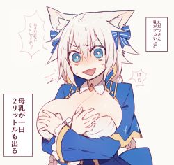 Rule 34 | 1girl, animal ear fluff, animal ears, blue eyes, blush, braid, breasts, cat ears, check translation, cleavage, covering privates, covering breasts, hair ribbon, large breasts, muryotaro, no nose, original, phantasy star, phantasy star online 2, ribbon, ^^^, sweat, translation request, twin braids, white hair