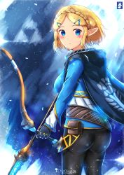 Rule 34 | 1girl, arrow (projectile), ass, black cape, black gloves, blonde hair, blue eyes, blush, bow, braid, breasts, cape, crown braid, elf, gloves, hair ornament, hairclip, hood, light, looking at viewer, nervous, night, night sky, nintendo, pants, pointy ears, princess zelda, short hair, sky, solo, standing, the legend of zelda, the legend of zelda: breath of the wild, the legend of zelda: tears of the kingdom, triforce