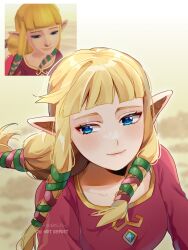 1girl absurdres blonde_hair blue_eyes blunt_bangs closed_mouth commentary dress game_screenshot game_screenshot_inset hair_tubes hanaberin highres long_hair looking_to_the_side nintendo pointy_ears princess_zelda reference_inset smile symbol-only_commentary the_legend_of_zelda the_legend_of_zelda:_skyward_sword twitter_username upper_body