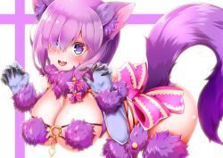Rule 34 | 1girl, :d, animal ears, ass, blue gloves, blush, breasts, claw pose, claws, cosplay, cowboy shot, craft essence (fate), elbow gloves, eyes visible through hair, fangs, fate/grand order, fate (series), fur-trimmed gloves, fur-trimmed legwear, fur collar, fur trim, gloves, hair over one eye, halloween, halloween costume, lace, lace-trimmed legwear, lace trim, large breasts, looking at viewer, mash kyrielight, mash kyrielight (dangerous beast), o-ring, o-ring top, official alternate costume, open mouth, paw pose, purple eyes, purple gloves, purple hair, purple thighhighs, revealing clothes, short hair, smile, solo, tail, thighhighs, wildcat (kusonemi), wolf ears, wolf girl, wolf tail