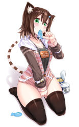 Rule 34 | 1girl, animal ear fluff, animal ears, black shirt, black thighhighs, blush, breasts, brown hair, bulbonne, can, canned food, cat ears, cat tail, commentary request, covering privates, covering crotch, fish, fish hair ornament, full body, fumino tamaki, green eyes, hair between eyes, hair ornament, highres, hood, hood down, hooded jacket, jacket, long sleeves, looking at viewer, medium breasts, mouth hold, nijisanji, no pants, revision, seiza, shadow, shirt, short hair, simple background, sitting, solo, tail, thighhighs, virtual youtuber, white background