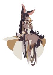 Rule 34 | 1girl, :&lt;, ^ ^, absurdly long hair, animal, armlet, bare shoulders, barefoot, black eyes, black hair, bracelet, breasts, butterfly hair ornament, buttons, closed eyes, closed mouth, dark-skinned female, dark skin, dress, female focus, full body, gold, hair ornament, half-closed eyes, hands up, highres, holding, holding animal, jewelry, legs, legs together, long hair, medium breasts, multicolored hair, nail polish, nana ann, orange eyes, original, parted lips, pawpads, rabbit, rabbit ears, rabbit girl, rabbit tail, shin guards, sidelocks, simple background, sitting, sketch, sleeveless, sleeveless dress, solo, thighlet, thighs, two-tone hair, very long hair, white background, white dress, white hair, white nails