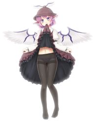 Rule 34 | 1girl, black pantyhose, blush, brown dress, brown hat, clothes lift, collared shirt, dress, dress lift, earrings, frilled dress, frilled sleeves, frills, full body, hat, head tilt, head wings, isaki (gomi), jewelry, jpeg artifacts, juliet sleeves, lifted by self, long sleeves, looking at viewer, midriff, mouth hold, mystia lorelei, navel, panties, panties under pantyhose, pantyhose, pink hair, puffy sleeves, purple eyes, purple panties, shirt, short hair, solo, standing, stomach, thigh gap, thighband pantyhose, touhou, underwear, white dress, white wings, wings