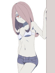 Rule 34 | 1girl, arm behind back, armpit crease, bare shoulders, bikini, bikini top only, blue shorts, breasts, bright pupils, closed mouth, collarbone, cowboy shot, cutoffs, denim, denim shorts, eyeshadow, flipped hair, hair over one eye, hand on wall, light frown, little witch academia, long hair, looking at viewer, makeup, navel, one eye covered, pale skin, pink hair, red eyes, satochi, short shorts, shorts, sidelocks, simple background, small breasts, solo, standing, stomach, sucy manbavaran, swimsuit, white background, white bikini, white pupils