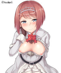 Rule 34 | 10s, 1girl, absurdres, ark royal (kancolle), arm behind head, blue eyes, blunt bangs, bob cut, breasts, cleavage, closed mouth, commentary request, downblouse, fingerless gloves, gloves, heart, heart-shaped pupils, highres, kantai collection, kiritto, looking at viewer, medium breasts, nipples, no bra, pantyhose, puffy nipples, red hair, red ribbon, ribbon, short hair, simple background, smile, solo, symbol-shaped pupils, tiara, twitter username, white background, white pantyhose