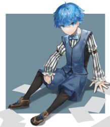 Rule 34 | 1boy, arm support, blue bow, blue bowtie, blue eyes, blue hair, blue shorts, blue vest, bow, bowtie, expressionless, fate/grand order, fate (series), full body, hair between eyes, hans christian andersen (fate), highres, isshiki (1sshiki), long sleeves, looking at viewer, male focus, outside border, papers, shirt, shoes, shorts, sitting, solo, striped clothes, striped shirt, two-tone background, vertical-striped clothes, vertical-striped shirt, vest