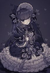 Rule 34 | 1girl, @ @, apron, black gloves, blurry, blush, bug, butterfly, depth of field, dress, elbow gloves, frilled dress, frills, glove bow, gloves, gothic lolita, hand on own chest, hand on own chin, highres, bug, layered dress, lolita fashion, long hair, looking at viewer, mogmogyasai, monochrome, original, purple background, purple eyes, purple hair, purple theme, simple background, smile, solo, very long hair, vignetting