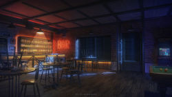 Rule 34 | alcohol, artist name, bar (place), billiards, bottle, chair, commentary, cup, dankalaning, english text, highres, lamp, light, menu board, night, night sky, no humans, original, plate, scenery, shelf, sky, stool, table, tissue, tissue box, wooden floor