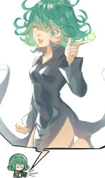 Rule 34 | 1girl, ;d, anger vein, black dress, breasts, curly hair, dress, green eyes, green hair, highres, holding, holding phone, medium hair, mono (lovenedesiko), one-punch man, one eye closed, open mouth, phone, side slit, small breasts, smile, star (symbol), tatsumaki