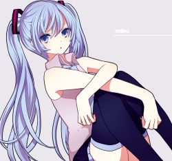 Rule 34 | 1girl, blue eyes, blue hair, character name, hatsune miku, long hair, matching hair/eyes, necktie, shinogo no, sitting, solo, thighhighs, twintails, very long hair, vocaloid