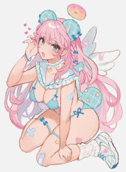 Rule 34 | 1girl, angel wings, animal ears, aqua bra, aqua choker, aqua eyes, aqua headwear, aqua nails, aqua panties, bandaid, bandaid on arm, bandaid on knee, bandaid on leg, bandaid on wing, bear ears, bear hair ornament, bear tail, blue bow, blue bracelet, bow, bow bra, bra, breasts, claw pose, cleavage, collarbone, commentary, crossed bandaids, curly hair, dot nose, doughnut, english commentary, eyelashes, fang, fingernails, food, frilled sailor collar, frills, grey background, hair between eyes, hair bow, hair ornament, halo, heart, highres, jewelry, large breasts, leg warmers, legs, lingerie, long hair, looking at viewer, miyako (xxxbibit), mole, mole on breast, mole under mouth, nail polish, necklace, open mouth, original, panties, pink doughnut, pink hair, plaid headwear, ribbed socks, sailor collar, shoes, side-tie panties, simple background, sitting, skin fang, smile, sneakers, socks, solo, star (symbol), star necklace, star ornament, tail, teddy bear hair ornament, thigh strap, thighs, underwear, wariza, white footwear, white sailor collar, white socks, white wings, wings