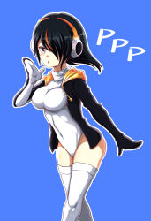 Rule 34 | 10s, black hair, blue background, chestnut mouth, covered navel, emperor penguin (kemono friends), hair over one eye, headphones, highleg, highleg leotard, highres, hood, hooded jacket, jacket, kemono friends, leotard, looking at viewer, multicolored hair, orange hair, purple eyes, simple background, solo, thighhighs, white leotard, white thighhighs, zatou (kirsakizato)
