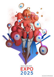 Rule 34 | 1girl, absurdres, ahoge, blue eyes, boots, colored skin, copyright name, expo2025, eyeball, gloves, hand up, highres, monster girl, myaku-myaku, navel, personification, red hair, red skin, simple background, slime girl, standing, thigh boots, thighhighs, undf, watermark, white background, white gloves, white thighhighs
