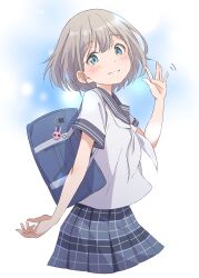 Rule 34 | 1girl, absurdres, arm at side, bag, blush, cropped legs, eitopondo, green eyes, grey hair, hand up, highres, idolmaster, idolmaster shiny colors, looking at viewer, looking to the side, motion lines, neckerchief, open mouth, plaid, plaid skirt, sailor collar, school bag, serizawa asahi, shirt, short hair, short sleeves, skirt, smile, solo, waving, white neckerchief, white shirt