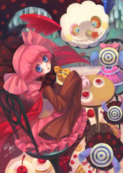 Rule 34 | 10s, 1girl, black pantyhose, blue eyes, blush, bow, cape, charlotte (madoka magica), cheese, cherry, cookie, cup, doughnut, dress, food, fork, from behind, fruit, hair ribbon, head tilt, looking back, mahou shoujo madoka magica, mahou shoujo madoka magica (anime), open mouth, pantyhose, personification, pink hair, print legwear, pyotr (madoka magica), ribbon, sanmi tenten, sitting, sleeves past wrists, strawberry, table, tea, teacup, teapot