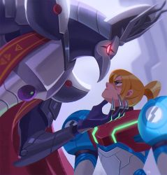 Rule 34 | 1boy, 1girl, angry, armor, beak, blonde hair, cape, claws, difdifme, eye contact, glaring, glowing, glowing eyes, hand on another&#039;s face, looking at another, metroid, metroid dread, nintendo, ponytail, power suit, power suit (metroid), raven beak (metroid), red cape, red eyes, samus aran, scar, serious, size difference, upper body