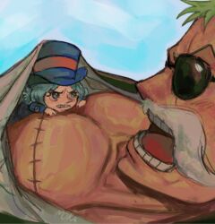 Rule 34 | 1boy, 1girl, blue eyes, blue hat, blue jacket, commentary, english commentary, fake facial hair, fake mustache, green hair, hat, highres, jacket, looking at another, lying on person, m0kaccinoh, one piece, open mouth, roronoa zoro, scar, scar across eye, scar on chest, signature, sky, sunglasses, v-shaped eyebrows, wicca