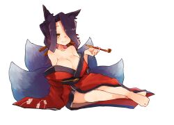 Rule 34 | 1girl, animal ear fluff, animal ears, arm support, bare shoulders, barefoot, black hair, breasts, brown eyes, cleavage, feet, fox ears, fox girl, fox tail, hair over one eye, japanese clothes, kimono, large breasts, leaning to the side, legs, long hair, multiple tails, off shoulder, official art, red kimono, rimukoro, sewayaki kitsune no senko-san, sitting, sleeves past wrists, smile, smoking pipe, solo, sora (sewayaki kitsune no senko-san), tail, thighs, toes