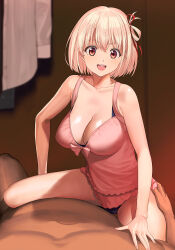 1boy 1girl :d a1_(initial-g) babydoll bare_shoulders black_panties blonde_hair blush bob_cut bow_babydoll breasts cleavage clothed_female_nude_male collarbone commentary_request frilled_babydoll girl_on_top hair_ribbon hair_rings hetero highres implied_prostitution indoors large_breasts lingerie lycoris_recoil lying nishikigi_chisato nude on_back one_side_up open_mouth panties pink_babydoll prostitution red_eyes red_ribbon revision ribbon short_hair sitting sitting_on_person smile solo_focus straddling teeth underwear underwear_only upper_teeth_only