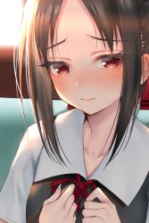 Rule 34 | 1girl, bad id, bad pixiv id, blouse, blurry, blurry background, blush, bow, close-up, closed mouth, clothes lift, commentary request, couch, depth of field, dress, dress lift, embarrassed, eyebrows, hattori masaki, holding, holding clothes, holding dress, indoors, kaguya-sama wa kokurasetai ~tensai-tachi no renai zunousen~, lifted by self, looking at viewer, looking back, neck ribbon, parted bangs, pinafore dress, red ribbon, ribbon, school uniform, shinomiya kaguya, shirt, shuuchiin academy school uniform, sidelocks, sleeveless dress, smile, solo, sunlight, white shirt