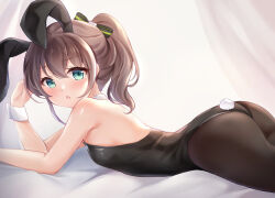 Rule 34 | 1girl, animal ears, ass, bare shoulders, bed sheet, black leotard, blush, breasts, brown hair, brown pantyhose, collar, commentary request, curtains, detached collar, from side, green eyes, hand up, hololive, kemonomimi mode, leotard, looking at viewer, looking to the side, lying, natsuiro matsuri, nikoo, on stomach, pantyhose, parted lips, playboy bunny, ponytail, rabbit ears, rabbit girl, rabbit tail, small breasts, solo, strapless, strapless leotard, tail, virtual youtuber, white collar, wrist cuffs