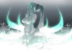 Rule 34 | 1girl, ahoge, bad id, bad pixiv id, bare shoulders, barefoot, breasts, bridal gauntlets, center opening, elbow gloves, covered erect nipples, gloves, hatsune miku, hatsune miku (append), kaminary, long hair, monochrome, navel, sitting, solo, thighhighs, twintails, very long hair, vocaloid, vocaloid append, wariza