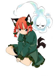 Rule 34 | 1girl, :&gt;, animal ears, bad id, bad pixiv id, braid, cat ears, cat girl, cat tail, female focus, frown, indian style, kaenbyou rin, la-do, crossed legs, multiple tails, oguro (moyashi 2-hon), red eyes, red hair, sitting, skull, solo, sulking, tail, touhou, twin braids, twintails