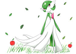 Rule 34 | 1girl, apple, arms at sides, bob cut, closed mouth, colored skin, creatures (company), dot mouth, falling leaves, female focus, flat chest, food, fruit, full body, game freak, gardevoir, gen 3 pokemon, grass, green hair, green skin, hair between eyes, highres, leaf, looking at viewer, multicolored skin, nintendo, outdoors, pokemon, pokemon (creature), red eyes, rve, short hair, simple background, solo, standing, two-tone skin, white background, white skin