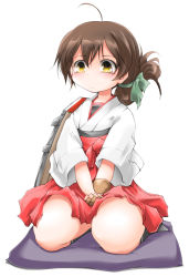Rule 34 | 1girl, ahoge, anbee (arary), black socks, blush, brown gloves, brown hair, female focus, folded ponytail, full body, gloves, green ribbon, hair ornament, hair ribbon, hakama, hakama short skirt, hakama skirt, japanese clothes, kantai collection, kasuga maru (kancolle), kneehighs, own hands together, ribbon, seiza, simple background, single glove, sitting, skirt, smile, socks, solo, v arms, white background, yellow eyes