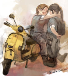 Rule 34 | 00s, 2girls, :d, aika warazu, arms behind back, boots, character request, closed eyes, commentary request, cross-laced footwear, gunslinger girl, highres, lace-up boots, motor vehicle, multiple girls, open mouth, ponytail, scooter, sidesaddle, smile, twitter username, vehicle, vespa
