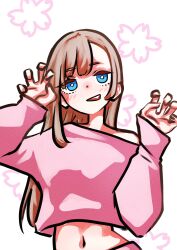 Rule 34 | 1girl, arms up, blue eyes, brown hair, cherry blossoms, cropped shirt, floral background, highres, long hair, looking at viewer, midriff, navel, open mouth, original, pink shirt, ship o man1015, shirt, solo, standing, teeth, triangle mouth, upper body, upper teeth only