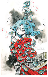 Rule 34 | 1girl, artist name, blue eyes, blue flower, blue hair, braid, cowboy shot, expressionless, flower, from side, hair between eyes, holding, holding flower, leaf, long sleeves, looking at viewer, maruti bitamin, medium hair, original, solo, thorns