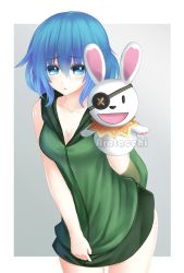 Rule 34 | 1girl, alternate costume, artist name, blue eyes, blue hair, breasts, cleavage, coat, date a live, frown, green jacket, jacket, looking at viewer, naked coat, no bra, solo, yoshino (date a live), yoshinon