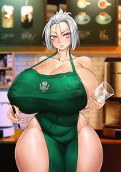 Rule 34 | 1girl, apron, areola slip, bare shoulders, barista, blurry, breasts, collarbone, covered erect nipples, cup, depth of field, female focus, forehead, furrowed brow, green apron, hair intakes, highres, hip bones, holding, holding cup, holding pen, huge breasts, iced latte with breast milk (meme), indoors, large areolae, large nipples, lips, looking at viewer, marker, meme, menu, menu board, mole, mole under mouth, naked apron, orange eyes, original, pen, puffy areolae, puffy nipples, ribbon, short hair, solo, thick thighs, thighs, white hair, wide hips, yagimayu