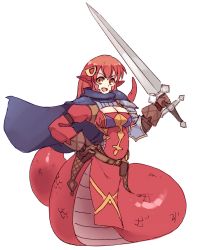 Rule 34 | 1girl, :d, alternate costume, armor, belt, breasts, brown gloves, cape, cleavage, gloves, hair ornament, hand on own hip, highres, holding, holding sword, holding weapon, lamia, large breasts, long hair, long sword, looking at viewer, miia (monster musume), monster girl, monster musume no iru nichijou, open mouth, orange eyes, pelvic curtain, pointy ears, pouch, purple cape, red hair, rtil, scales, shoulder armor, simple background, smile, solo, pauldrons, sword, weapon, white background