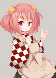 Rule 34 | 1girl, bad id, bad pixiv id, bell, beni shake, checkered clothes, grey background, hair bell, hair ornament, japanese clothes, motoori kosuzu, red eyes, red hair, simple background, solo, touhou, twintails, two side up, wide sleeves