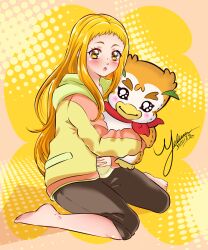 Rule 34 | 1girl, :o, artist name, barefoot, black pants, blonde hair, capri pants, character doll, commentary, dated, english commentary, holding, holding stuffed toy, hood, hood down, hoodie, kasugano urara (yes! precure 5), kibou no chikara ~otona precure &#039;23~, long hair, long sleeves, looking at viewer, mel-chan, open mouth, pants, precure, signature, sitting, solo, stuffed toy, syrup (yes! precure 5), wariza, yellow background, yellow eyes, yellow hoodie, yes! precure 5
