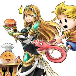 Rule 34 | 1boy, 1girl, animal, biting, blonde hair, burger, chef hat, chef kawasaki, cooking pot, eating, food, hair ornament, hat, holding, holding food, kicdon, kirby (series), long hair, looking at another, lucas (mother 3), mother (game), mother 3, mythra (massive melee) (xenoblade), mythra (xenoblade), nintendo, rope snake, shirt, short hair, simple background, snake, striped clothes, striped shirt, super smash bros., surprised, sweatdrop, swept bangs, white background, xenoblade chronicles (series), xenoblade chronicles 2, yellow eyes
