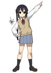 Rule 34 | 1girl, arm up, black hair, black socks, blush, brown eyes, brown footwear, closed mouth, collared shirt, commentary, commentary request, full body, grey skirt, hair between eyes, hand on own hip, highres, k-on!, kicchi (tmgk), loafers, long hair, long sleeves, looking at viewer, nakano azusa, pleated skirt, sakuragaoka high school uniform, school uniform, shirt, shoes, sidelocks, simple background, skirt, socks, solo, standing, sweater vest, twintails, white background, white shirt, winter uniform, yellow sweater vest
