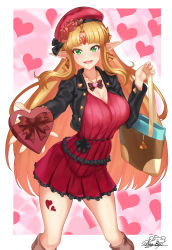 1girl, absurdres, alternate eye color, artist name, bag, bangs, black jacket, blonde hair, blunt bangs, blush, border, breasts, bright pupils, brown footwear, candy, chocolate, chocolate heart, circlet, cleavage, commentary, commission, contemporary, cowboy shot, cropped jacket, dress, earrings, english commentary, eyebrows visible through hair, fingernails, flower, food, frilled dress, frills, green eyes, hair intakes, handbag, happy, hat, hat flower, heart, heart background, heart button, heart necklace, heart pendant, heart tattoo, highres, jacket, jewelry, large breasts, long hair, long sleeves, looking at viewer, necklace, nez-box, nintendo, open mouth, outline, outside border, pendant, pink background, pleated dress, pointy ears, princess zelda, reflective eyes, shiny, shiny hair, short dress, sidelocks, signature, smile, solo, standing, tattoo, the legend of zelda, the legend of zelda: a link between worlds, thigh tattoo, thighs, triforce, valentine, very long hair, watermark, white border, white pupils