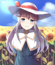 Rule 34 | 10s, 1girl, alternate costume, blue eyes, cloud, cloudy sky, color1087, commentary request, day, flower, hat, hibiki (kancolle), kantai collection, long hair, looking at viewer, silver hair, sky, solo, sunflower, teeth