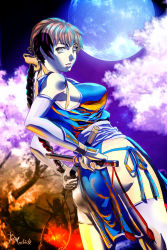 Rule 34 | 1girl, armor, armpits, ass, b madrid, braid, breasts, brown eyes, brown hair, dead or alive, detached sleeves, forest, from behind, full moon, hair ornament, hair ribbon, hand on hilt, highres, hip focus, japanese armor, kasumi (doa), kote, large breasts, lips, lipstick, long hair, looking back, makeup, moon, nature, night, ninja, pelvic curtain, ribbon, short sword, sideboob, single braid, solo, star (symbol), sword, tanto, tantou, tecmo, thighhighs, tree, weapon, weapon on back, white thighhighs, wide hips