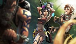Rule 34 | 1girl, 2boys, absurdres, adjusting hair, armpits, bad id, bad twitter id, black hair, blurry, blurry foreground, blush, breasts, brew.art, commentary, cowboy shot, dunban (xenoblade), english commentary, feather hair ornament, feathers, flower, forest, giving, grin, gun, hair flower, hair ornament, hairband, highres, jungle, makna armour, medium breasts, multiple boys, narrow waist, nature, navel, nervous smile, nintendo, red hair, reyn (xenoblade), rifle, sharla (xenoblade), smile, tattoo, weapon, xenoblade chronicles (series), xenoblade chronicles 1